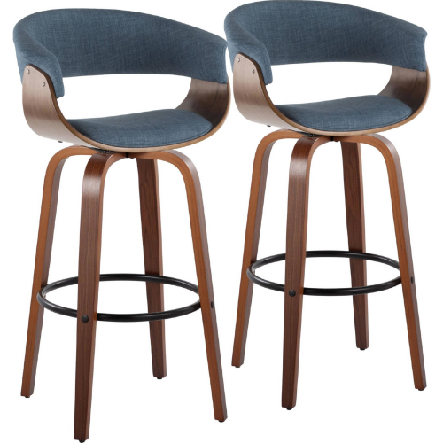 Vintage Mod 30" Swivel Bar Stool in Walnut Wood & Blue Fabric w/ Black Footrest (Set of 2)